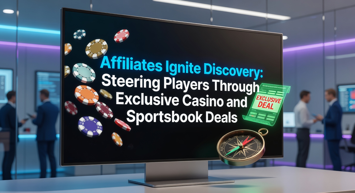 Affiliate-promotie toont exclusieve casino- en sportsbook-bonussen op een digitaal platform, met spelers die deals ontdekken via gerichte links en reviews
