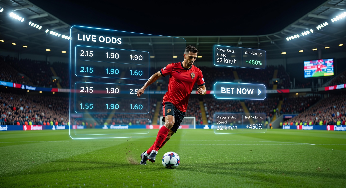 Schermafbeelding van een augmented reality overlay die weddenschappen toont over een live voetbalwedstrijd, met odds en live stats zichtbaar op het veld