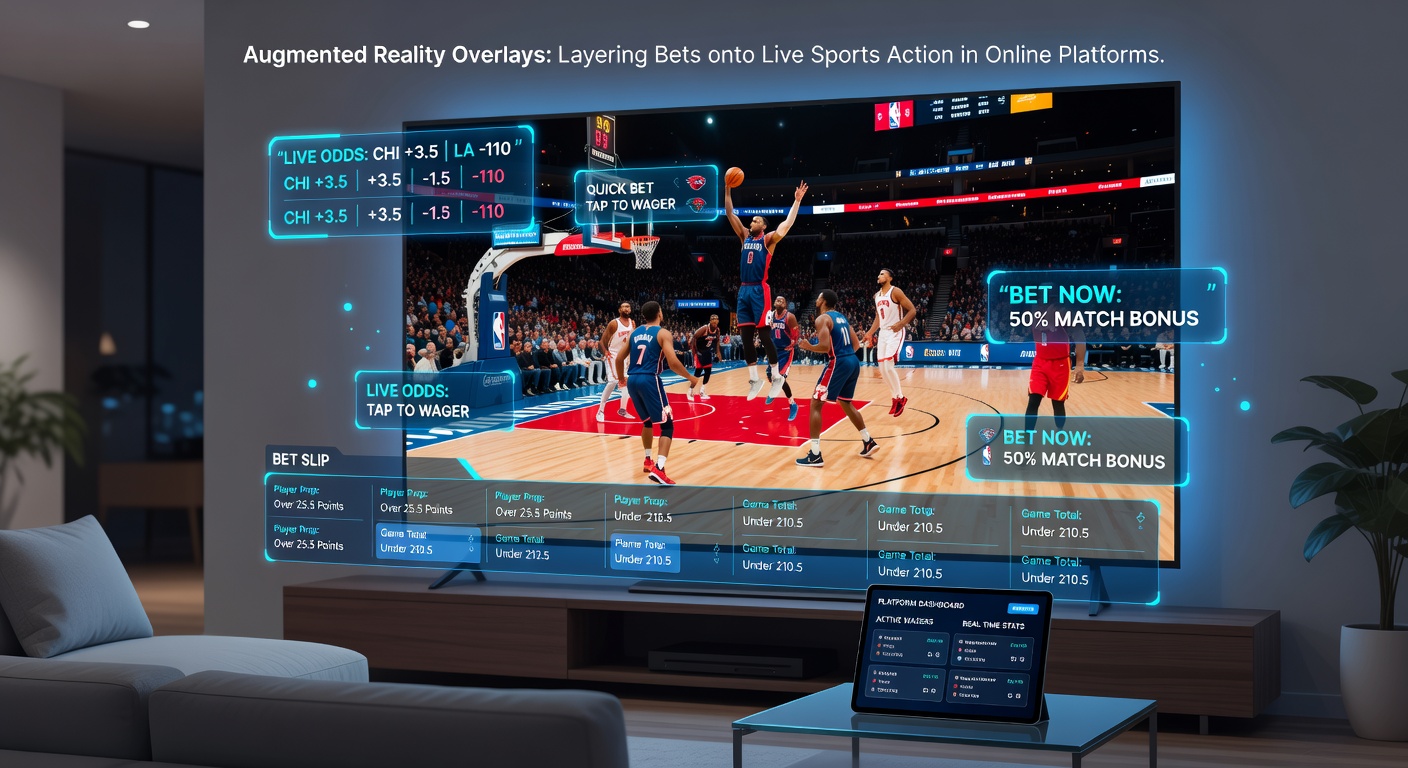 Voorbeeld van AR-overlay in een basketbalwedstrijd, met live odds en spelerstats zwevend over de spelers op het scherm