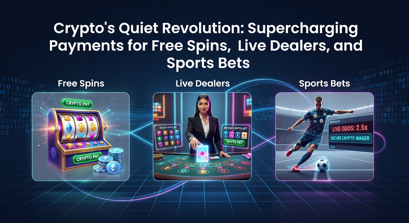 Afbeelding van cryptocurrency transacties in een online casino omgeving met symbolen voor spins, live dealers en sportweddenschappen