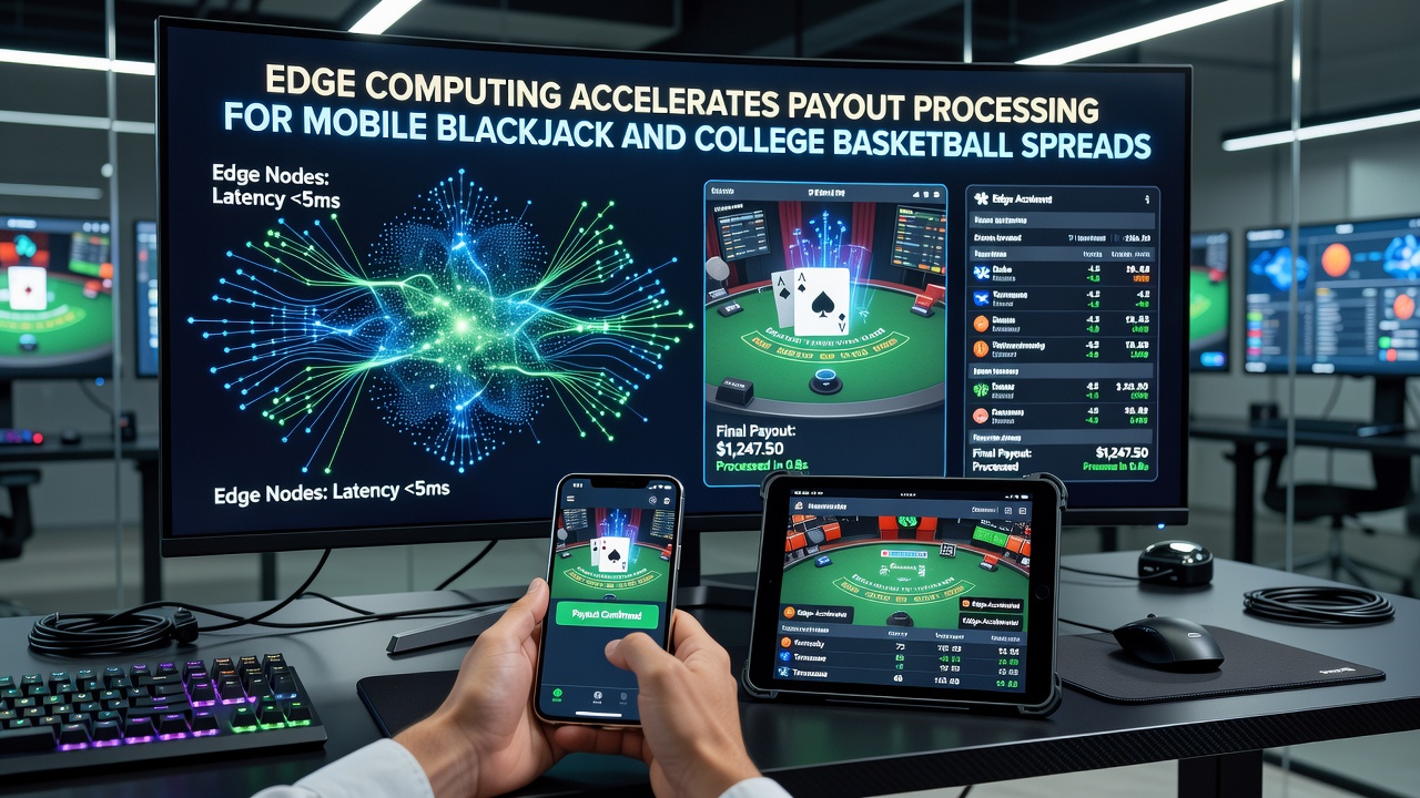 Mobiele interface met edge computing integratie voor blackjack en basketball spreads die snelle payouts toont