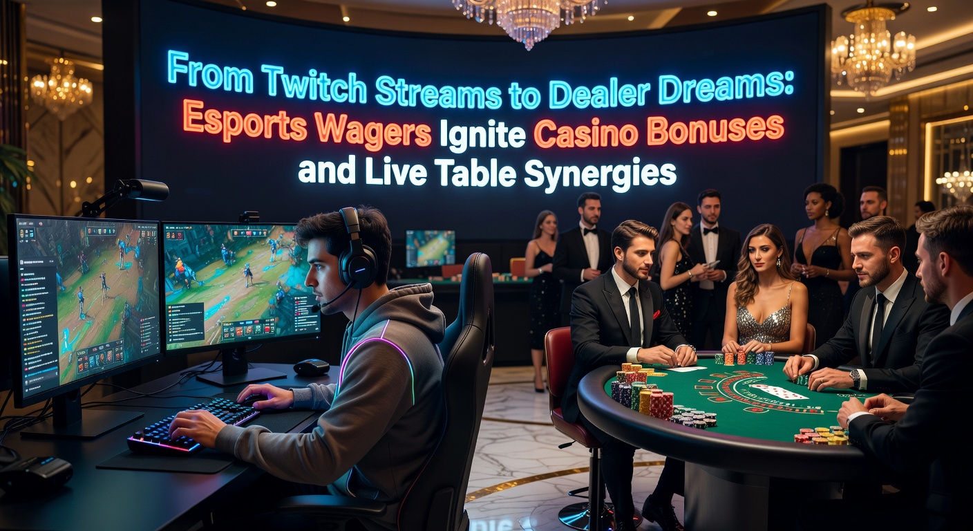 Een energieke Twitch-streamer richt zich op esports-weddenschappen terwijl casino-bonnen en live-dealer tafels op de achtergrond schitteren, illustrerend de opkomende synergie tussen streaming en gokken