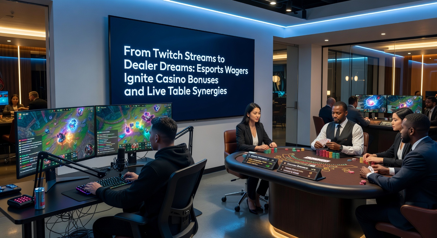 Live-dealer tafel met esports-weddenschappen overlay, waar bonussen van Twitch-streams naadloos integreren in blackjack- en roulette-actie