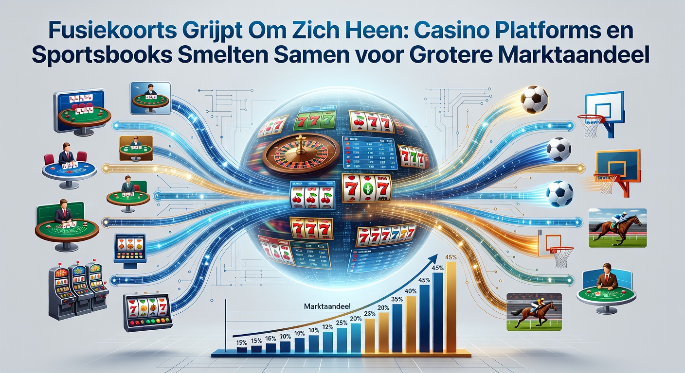 Grafiek die de explosie van fusies tussen casino- en sportsbook-platforms illustreert, met stijgende lijnen voor marktaandeel vanaf 2024 tot 2026