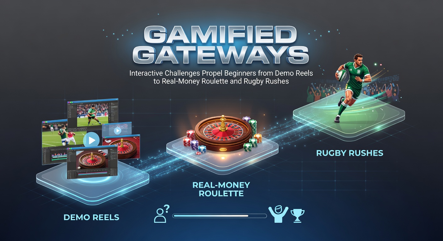 Schermafbeelding van een interactieve gamified challenge die een speler leidt van demo-modus naar live roulette met rugby-elementen
