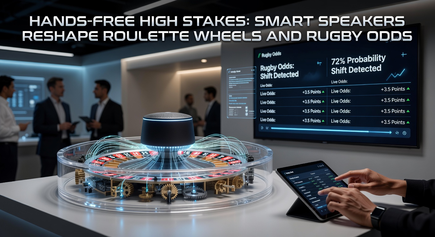 Slimme speaker activeert handsfree roulette-inzet tijdens een spannende sessie, met voice commands zichtbaar op scherm