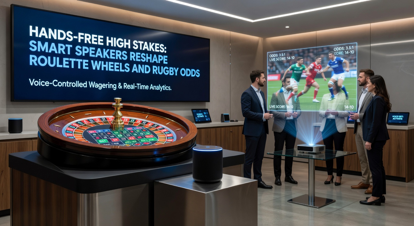 Gebruiker geeft stemcommando voor rugby odds via slimme speaker, met live match visuals op nabijgelegen scherm