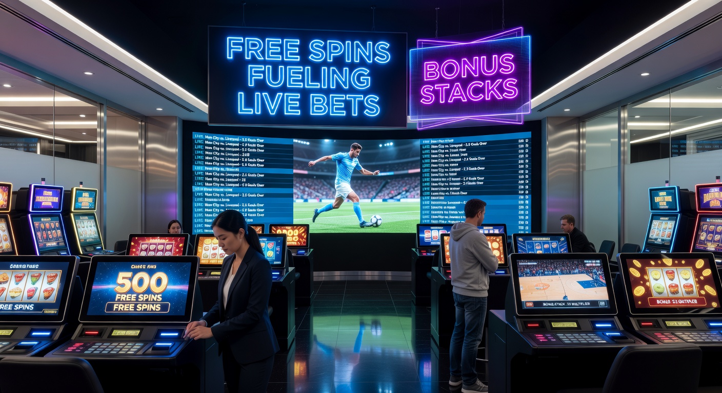 Schermafbeelding van een hybride casino-sportboek platform met slots, gratis spins en live sportweddenschappen naast elkaar