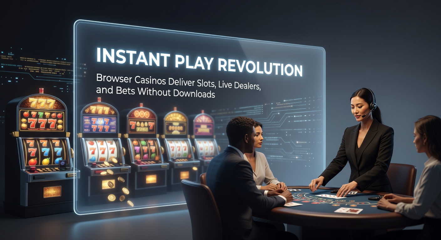 Schermafbeelding van een browsercasino met draaiende slots en live dealer tafels, direct toegankelijk zonder software-installatie