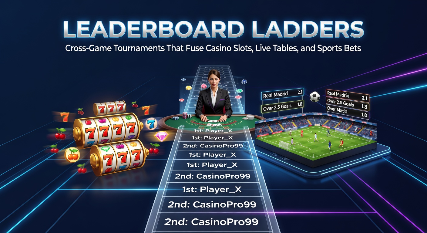 Spelers racen omhoog op een dynamische leaderboard ladder, met iconen van slots, live roulette tafels en sportweddenschappen die punten genereren in een geïntegreerd toernooi