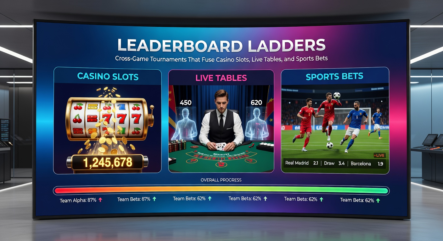 Een close-up van een leaderboard met spelersnamen die stijgen, naast screenshots van slots, een live dealer tafel en een sportwedstrijd-scoreboard in actie