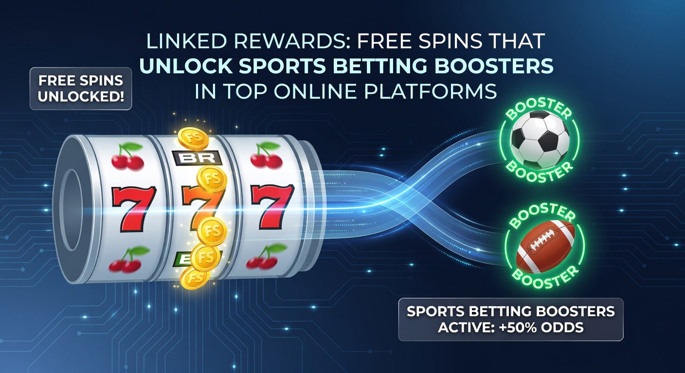Schermafbeelding van een online platform met gekoppelde beloningen, waar gratis spins leiden naar sportweddenschap-boosters, inclusief icons van slots en voetbalwedstrijden