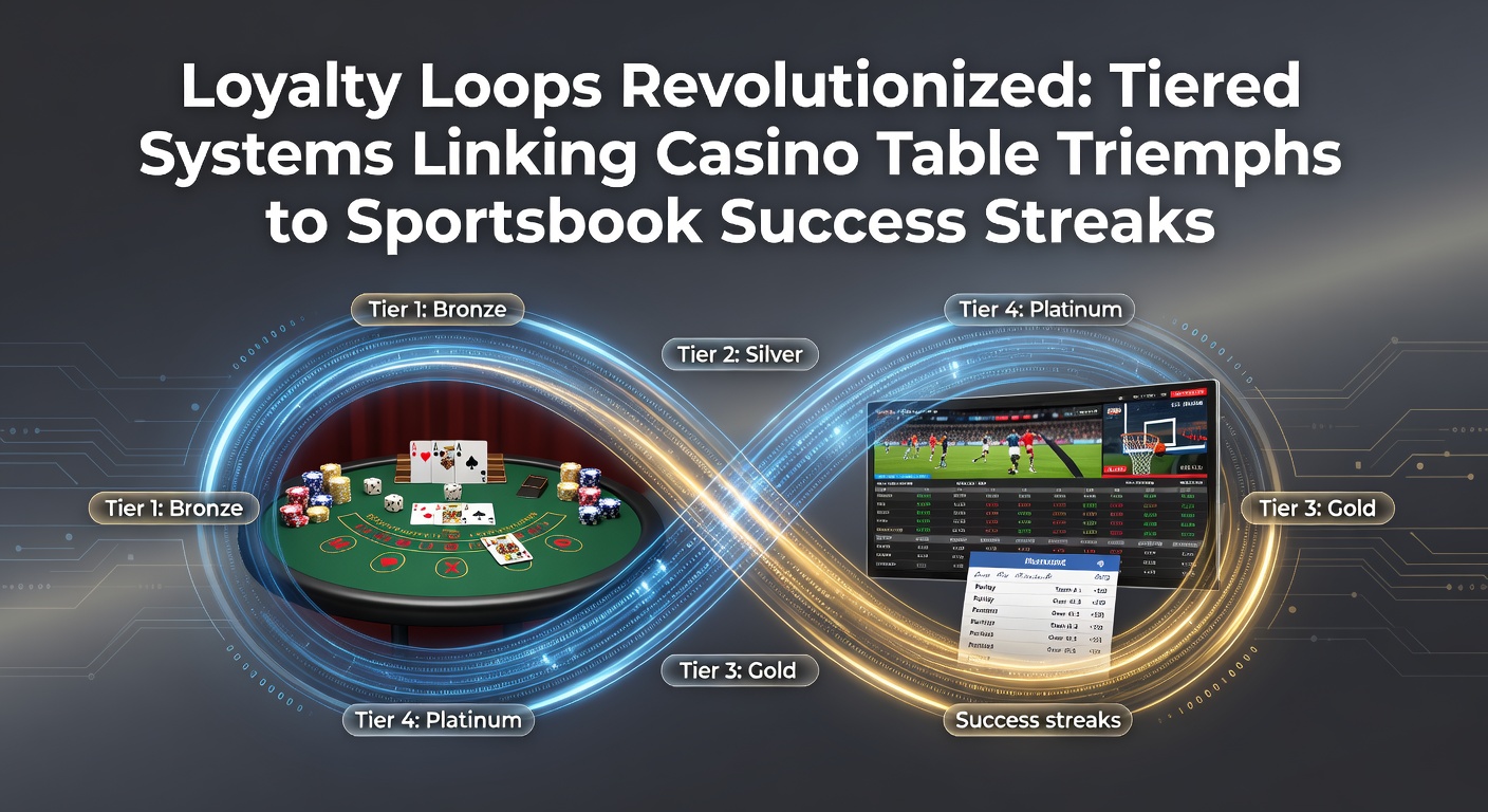 Grafische weergave van een tiered loyaliteitssysteem dat casino tafels en sportsbook verbindt met stijgende beloningsniveaus