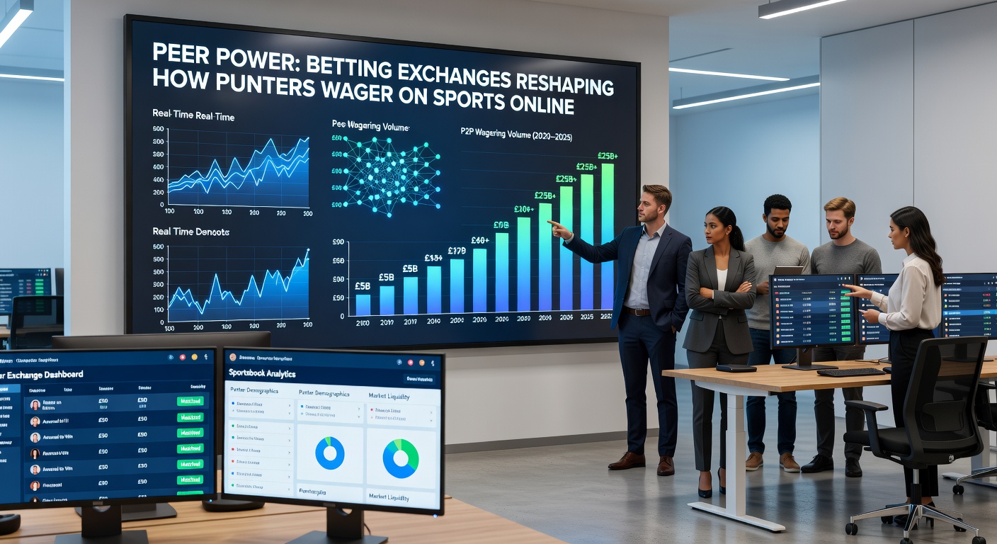 Grafiek met groei van betting exchange marktaandeel versus traditionele bookmakers, met pieken in 2026