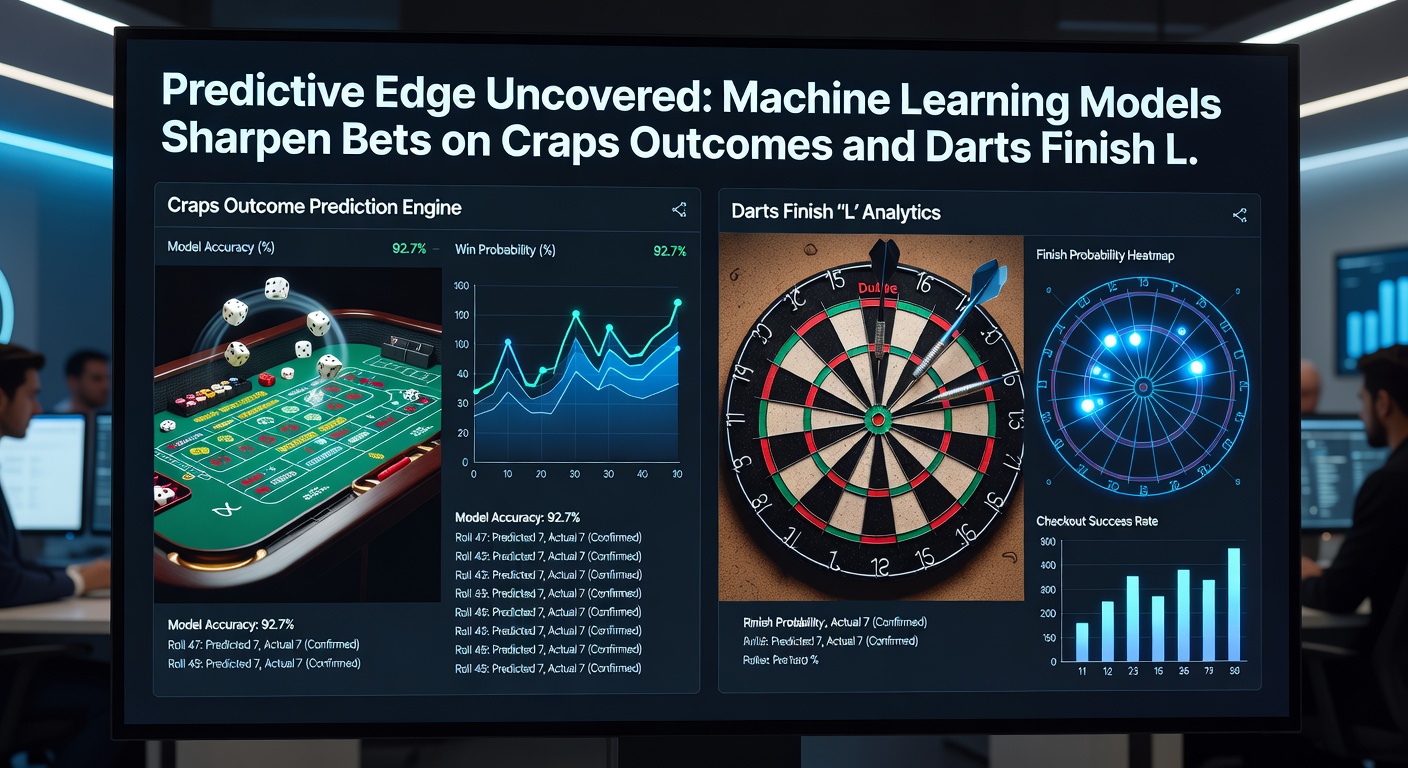 Darts spelers in actie met overlay van ML-voorspellingen op finishlijnen en scores