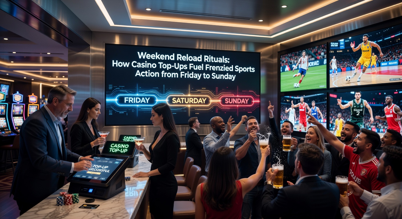 Spelers vieren een succesvolle weekend reload bonus tijdens een live sportwedstrijd, met casino slots en odds op het scherm